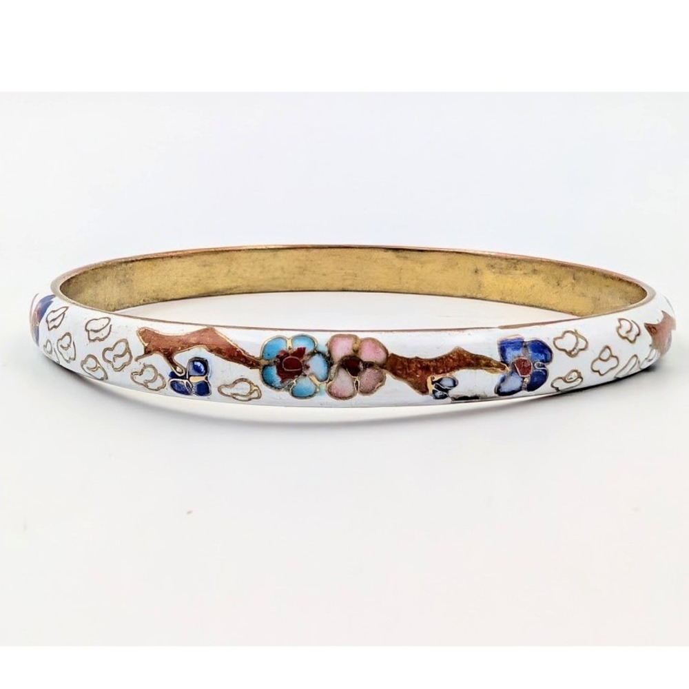 VTG Cloisonne Bangle Bracelet White Enamel Floral Cherry Blossom Brass 8" READ